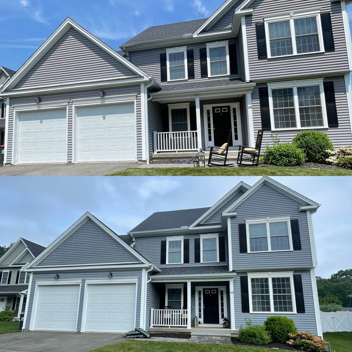 Before and after comparison of vinyl siding oxidation removal on gray house