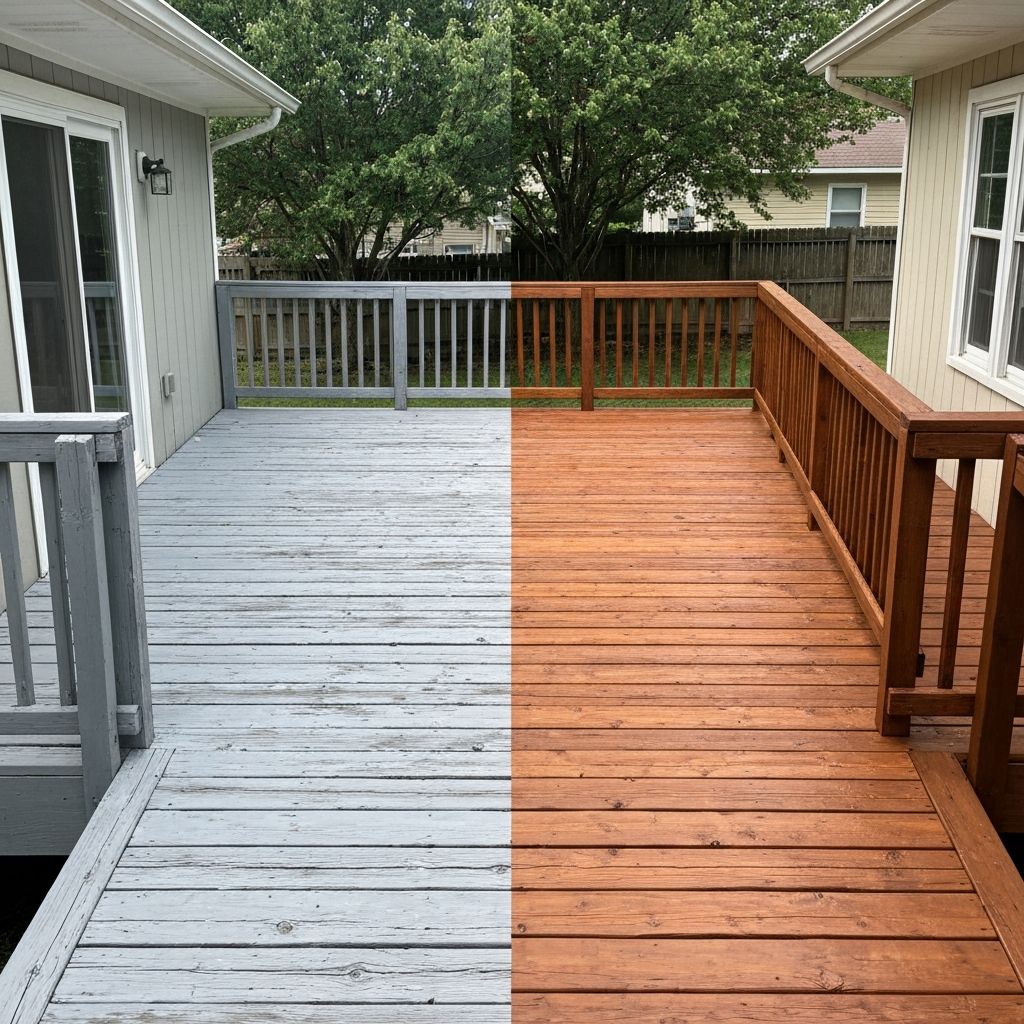 Before and after deck restoration showing weathered wood transformed to rich finish