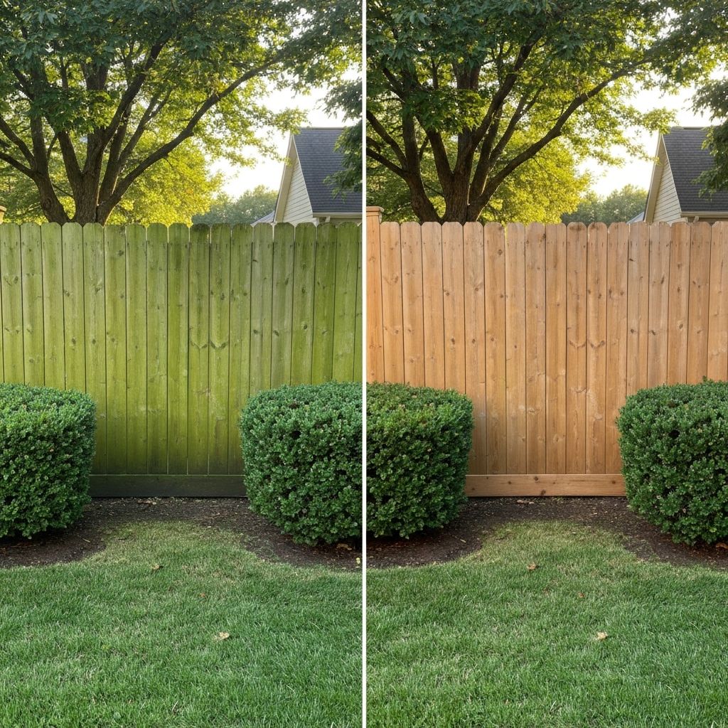 Before and after fence cleaning showing mold removal from wood fence